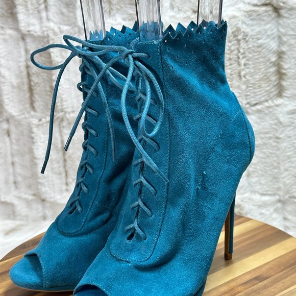 So Me Teal Lace Up High Heel Ankle Boots - Picture 6 of 9